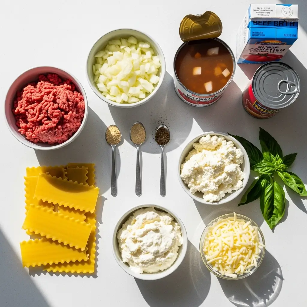 Ingredients for Crockpot Lasagna Soup displayed on counter