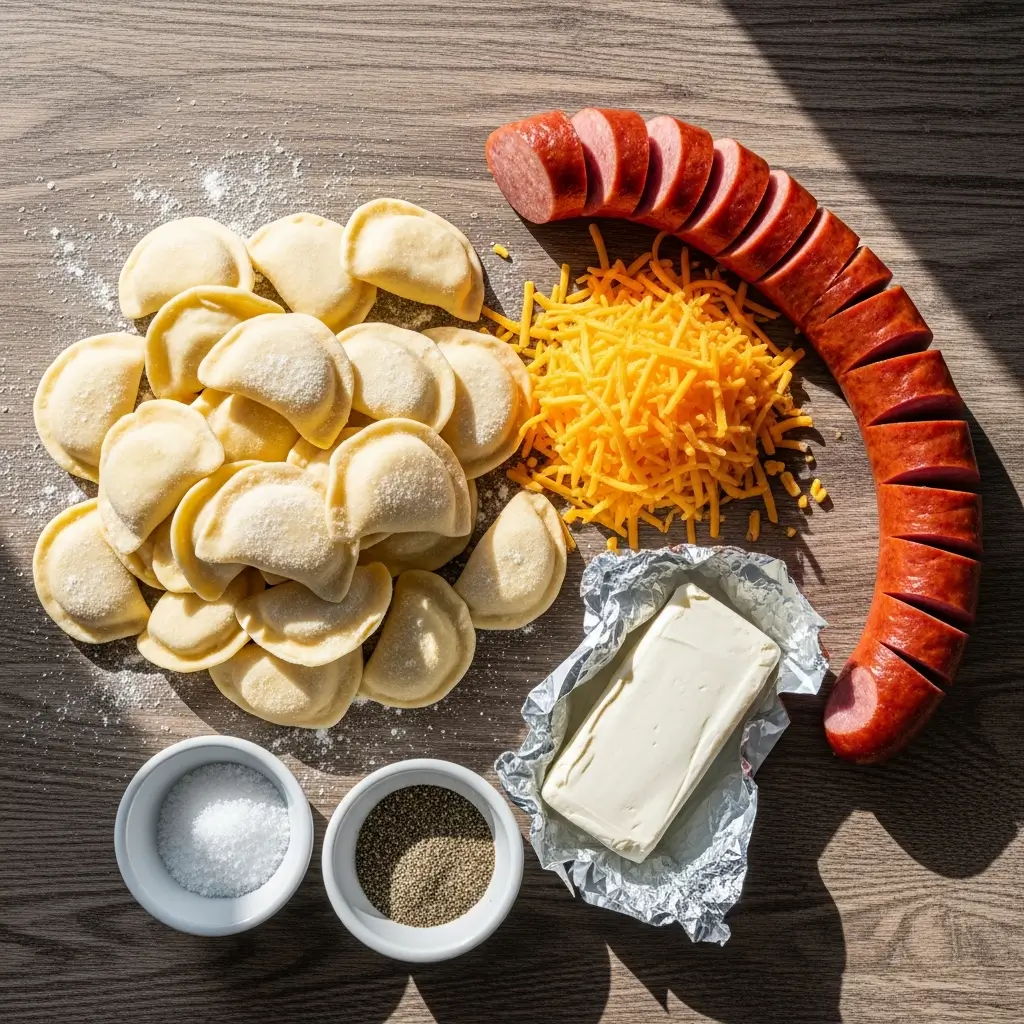 Ingredients for Crockpot Pierogi Casserole with Kielbasa
