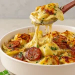 Crockpot Pierogi Casserole with Kielbasa served hot in a slow cooker