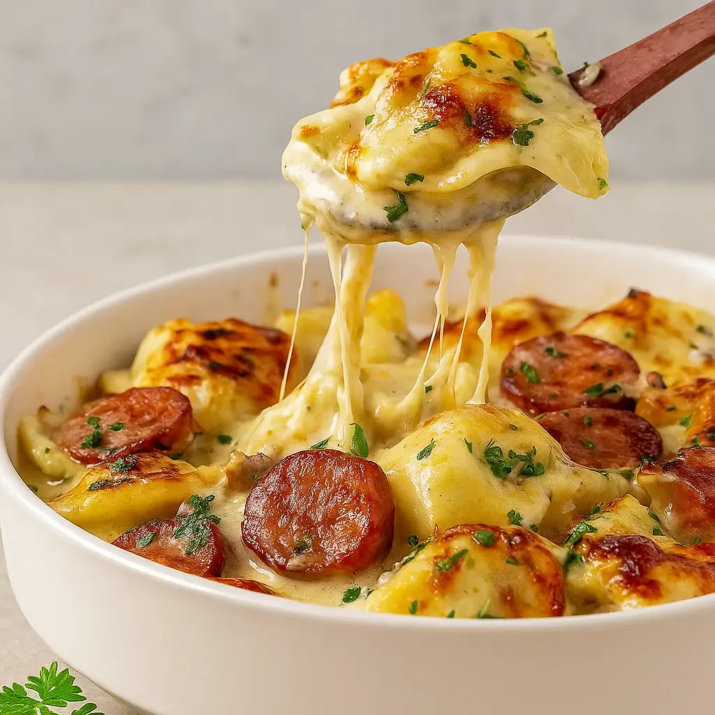 Crockpot Pierogi Casserole with Kielbasa served hot in a slow cooker