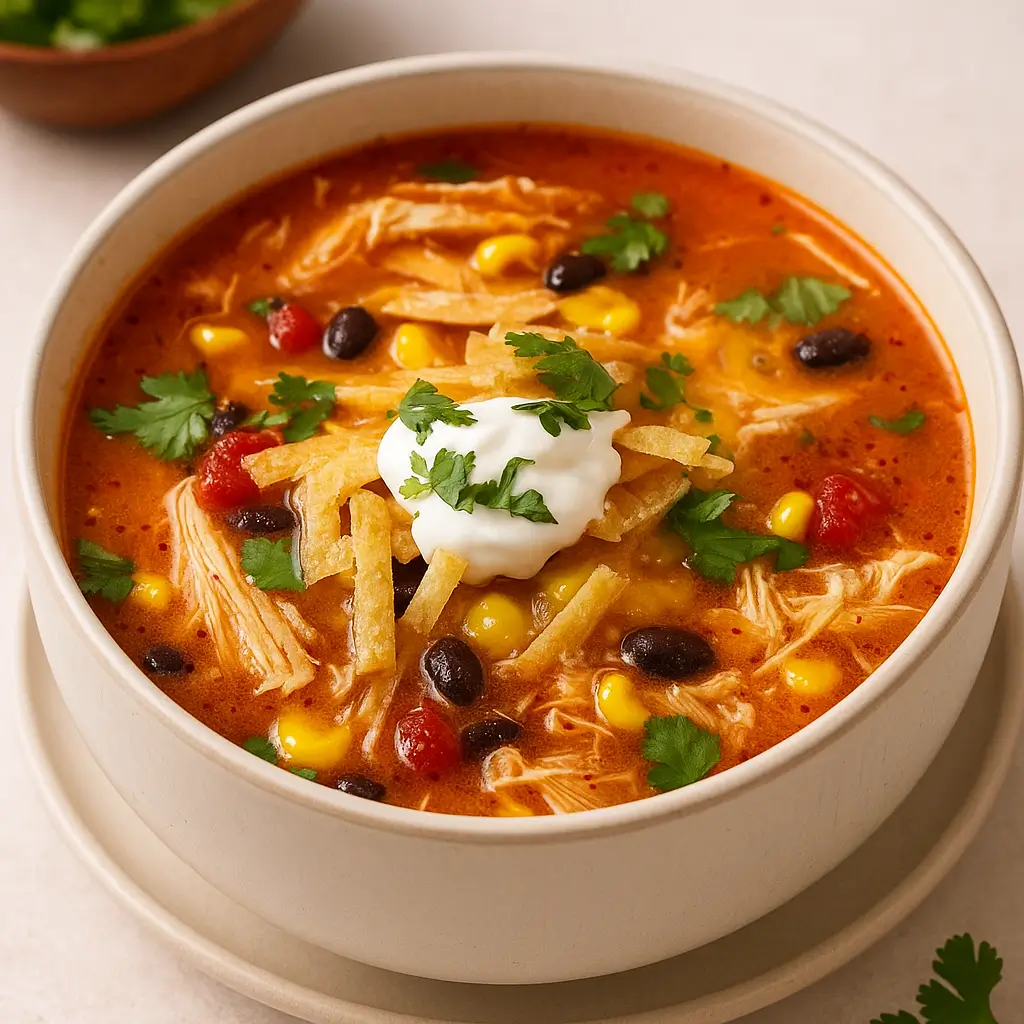Easy Chicken Enchilada Soup in a bowl with tortilla chips