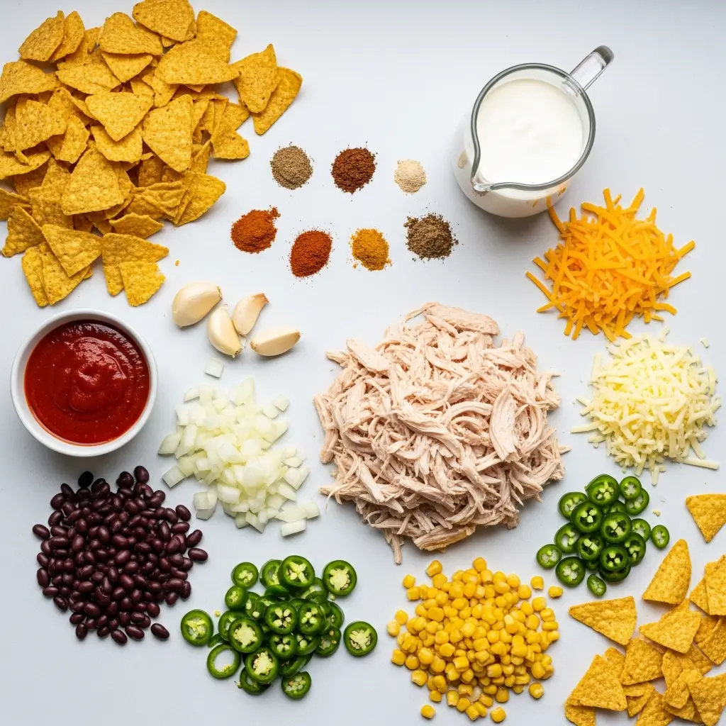 Ingredients for Easy Chicken Enchilada Soup on a kitchen counter