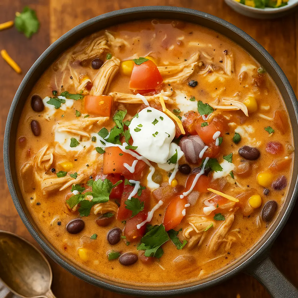 Easy Chicken Taco Soup with Cream Cheese served in a rustic bowl