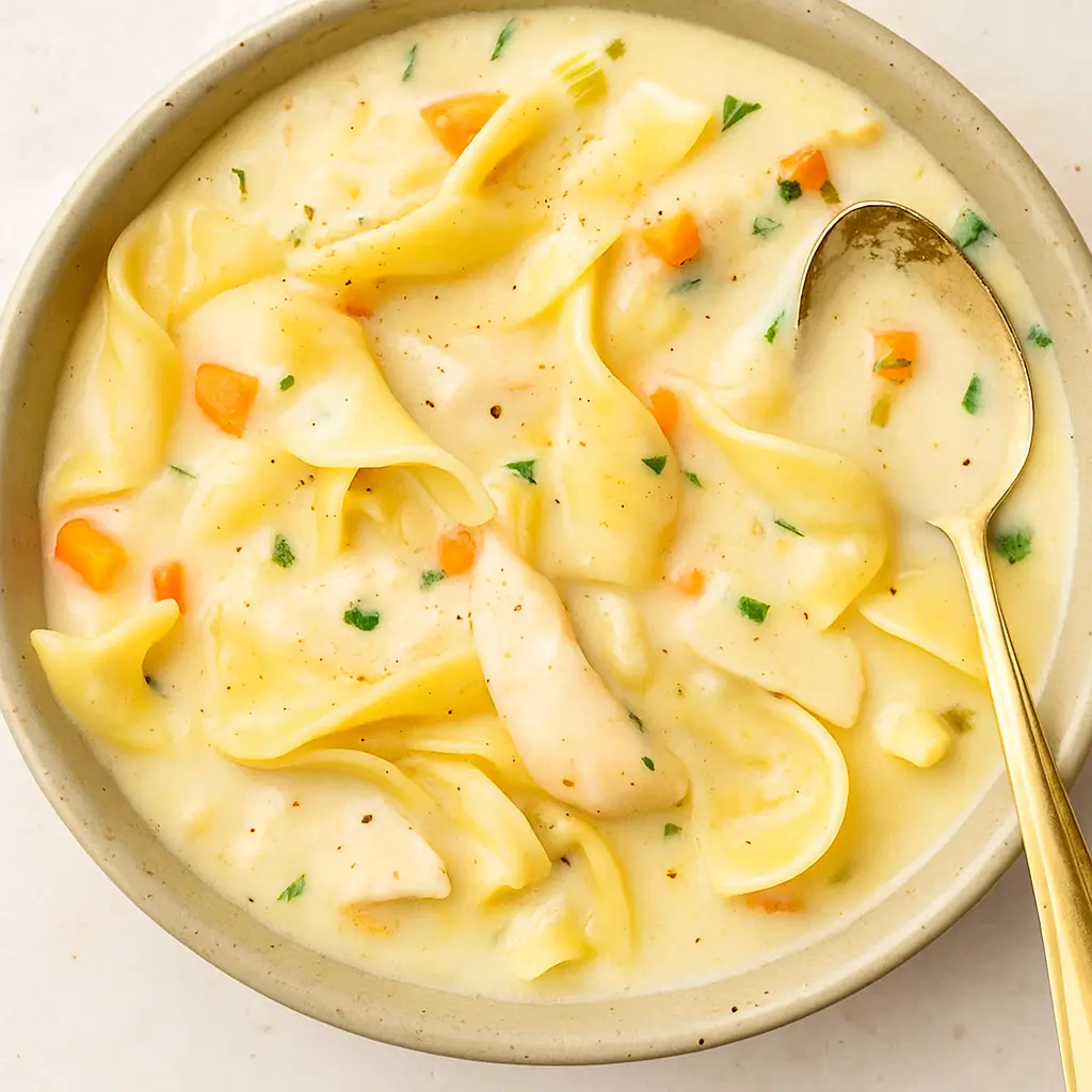 easy creamy chicken noodle soup served in a bowl