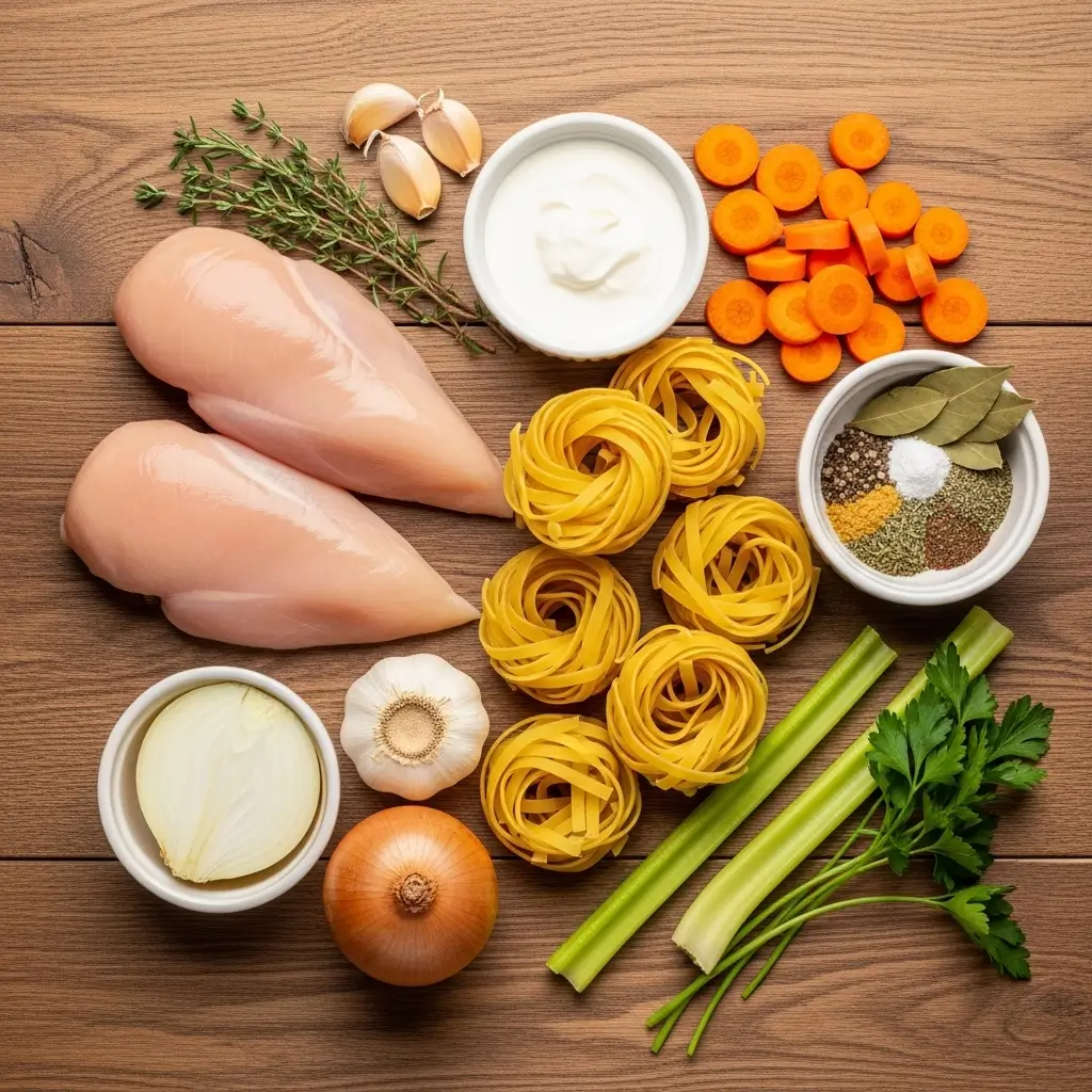 ingredients for easy creamy chicken noodle soup