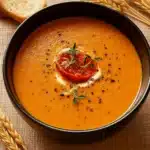 Easy creamy roasted garlic tomato soup in bowl with basil