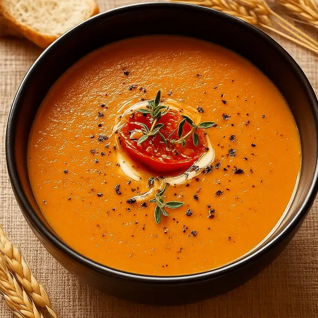 Easy creamy roasted garlic tomato soup in bowl with basil