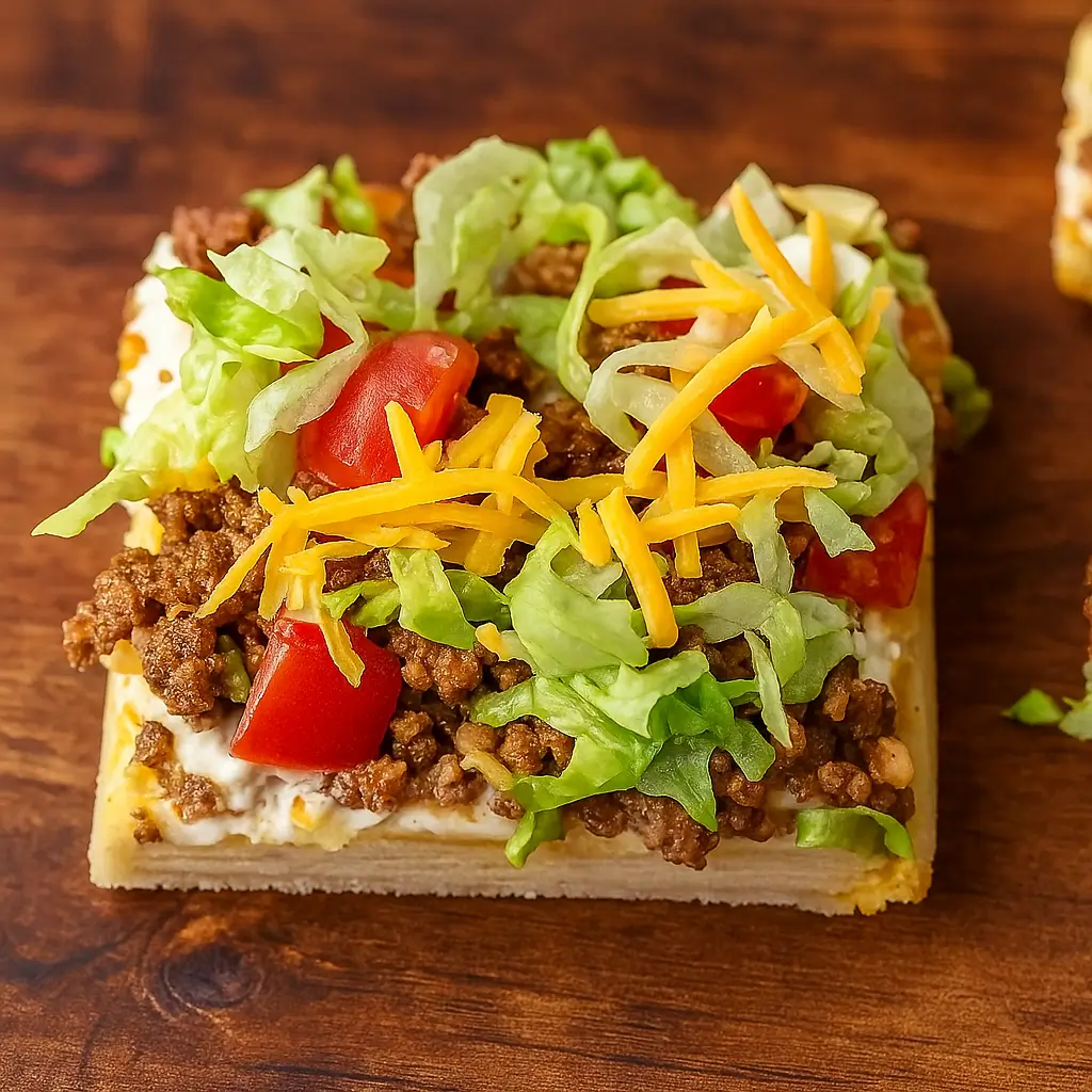 Easy Crescent Roll Taco Pizza on wooden table with toppings