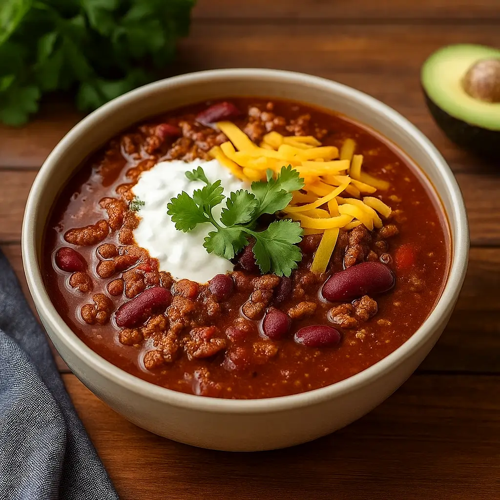 Easy Crockpot Ground Beef Chili with Beans served hot in a bowl