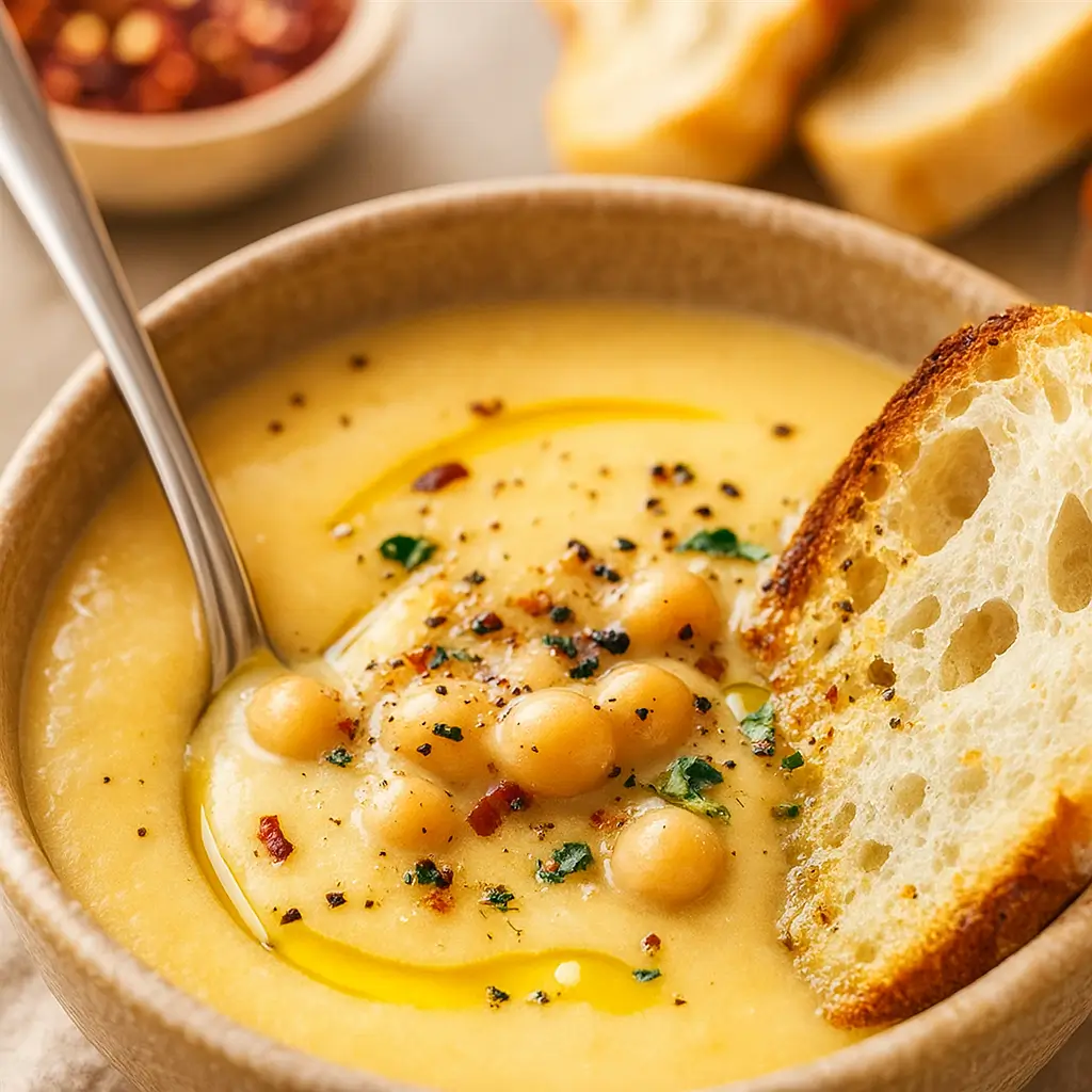 Easy Garlic Chickpea Soup in a rustic bowl