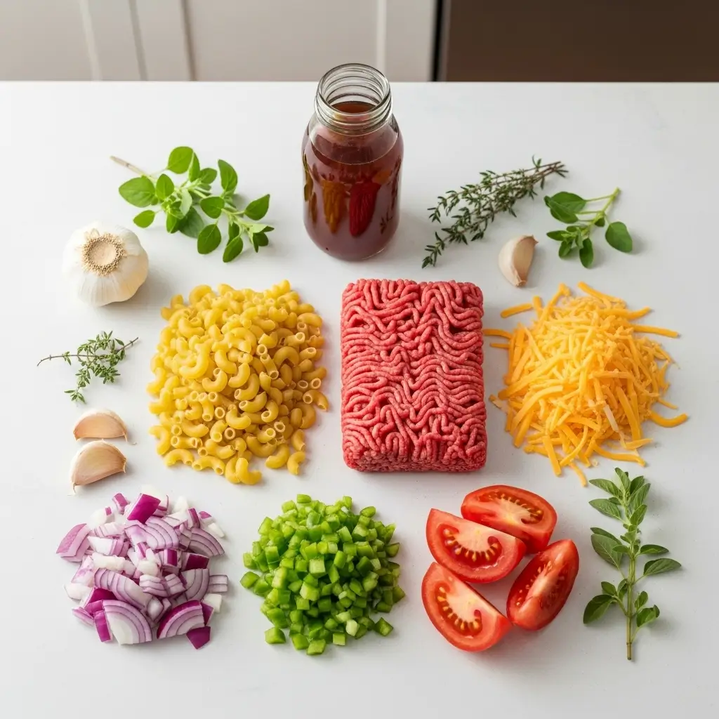 Easy Goulash Recipe Ingredients on counter