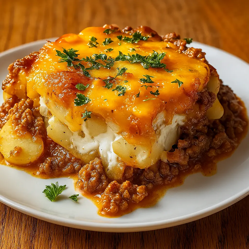 Easy Hobo Casserole Ground Beef in baking dish