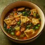 Easy Homemade Potsticker Soup in rustic bowl
