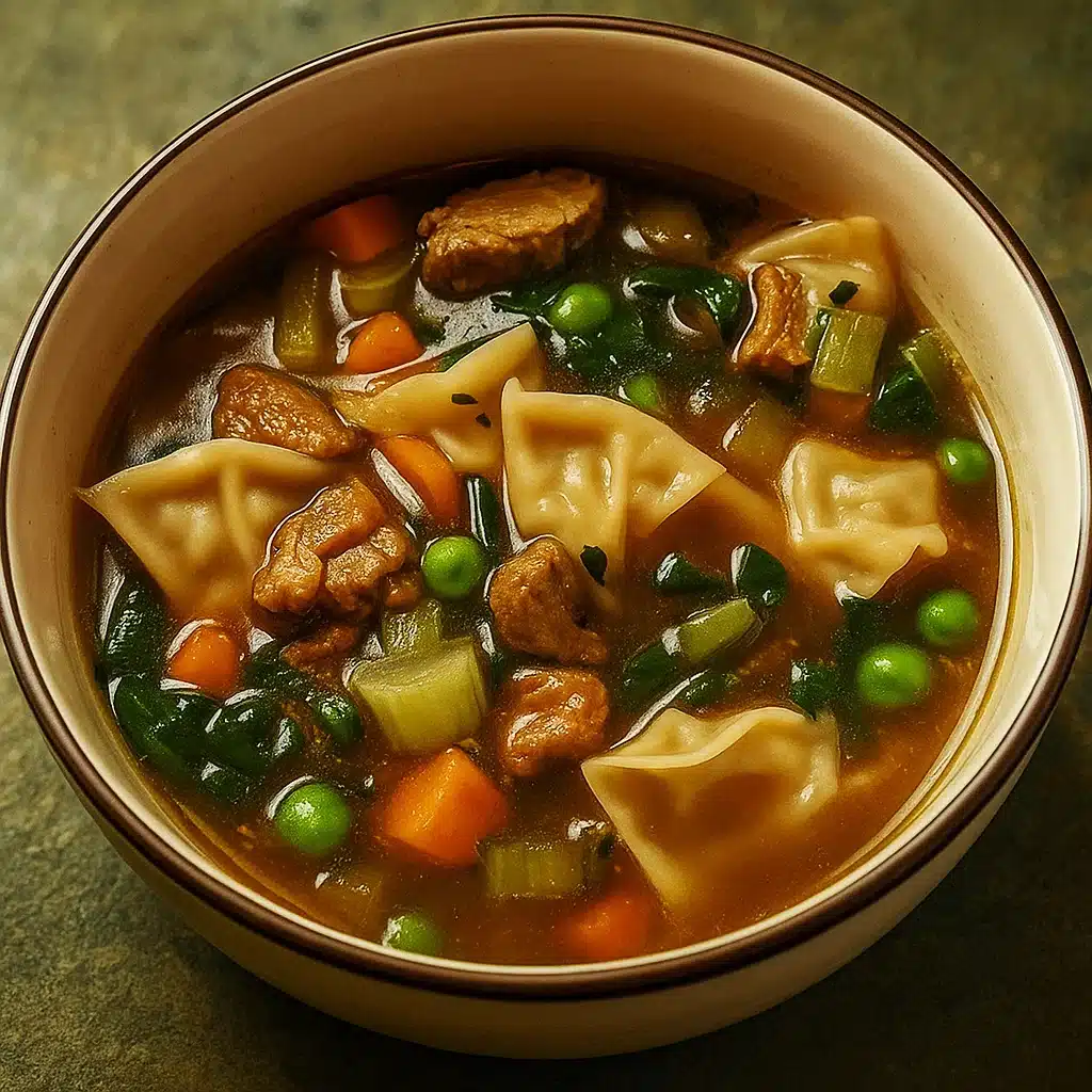Easy Homemade Potsticker Soup in rustic bowl