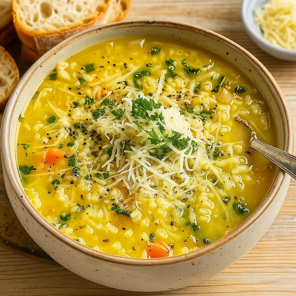 Easy Italian Penicillin Soup in a rustic bowl with bread