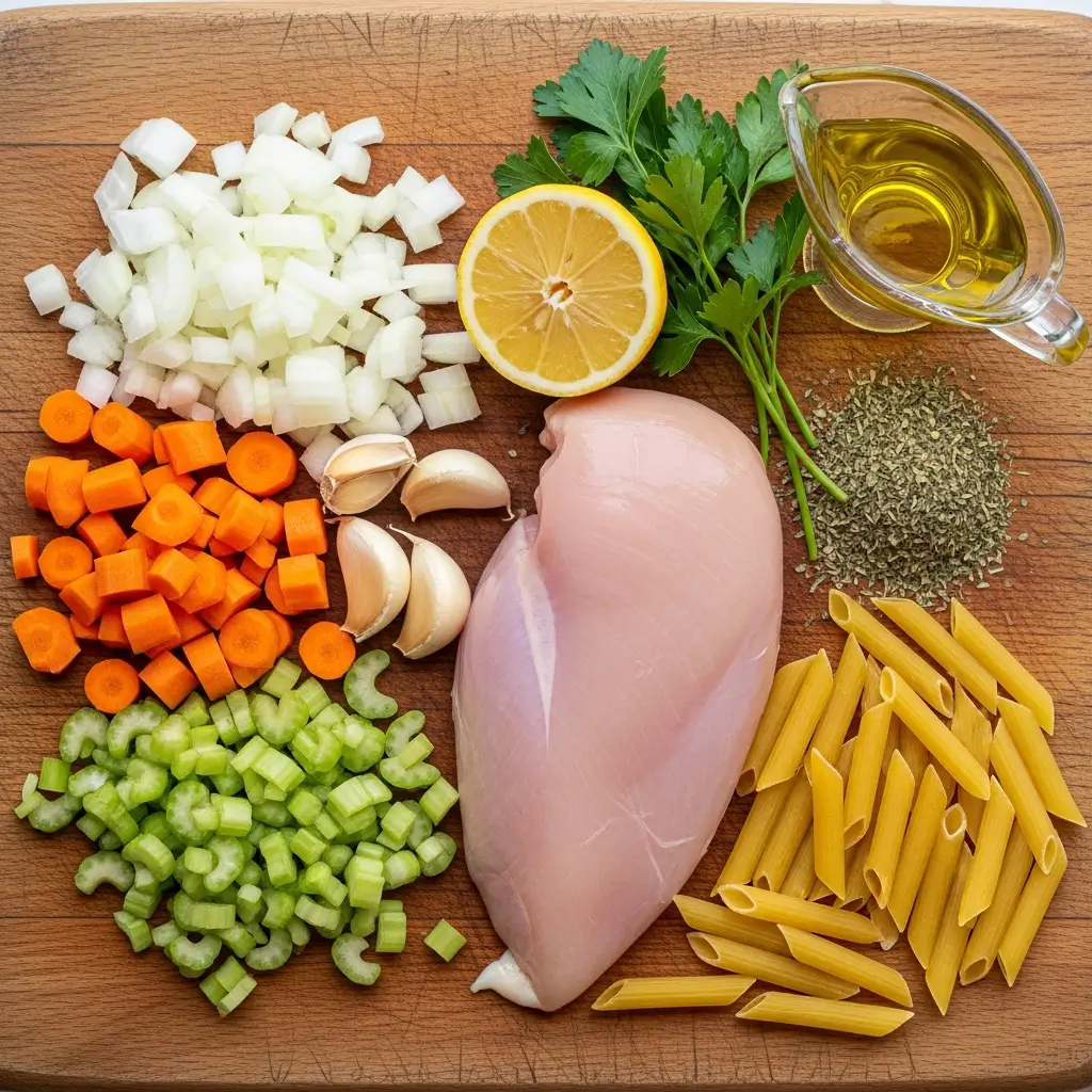 Ingredients for Easy Italian Penicillin Soup laid out on cutting board