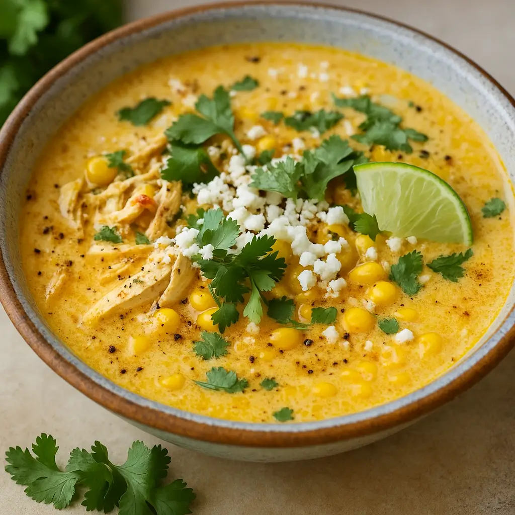 Easy Mexican Street Corn Soup with queso fresco and cilantro