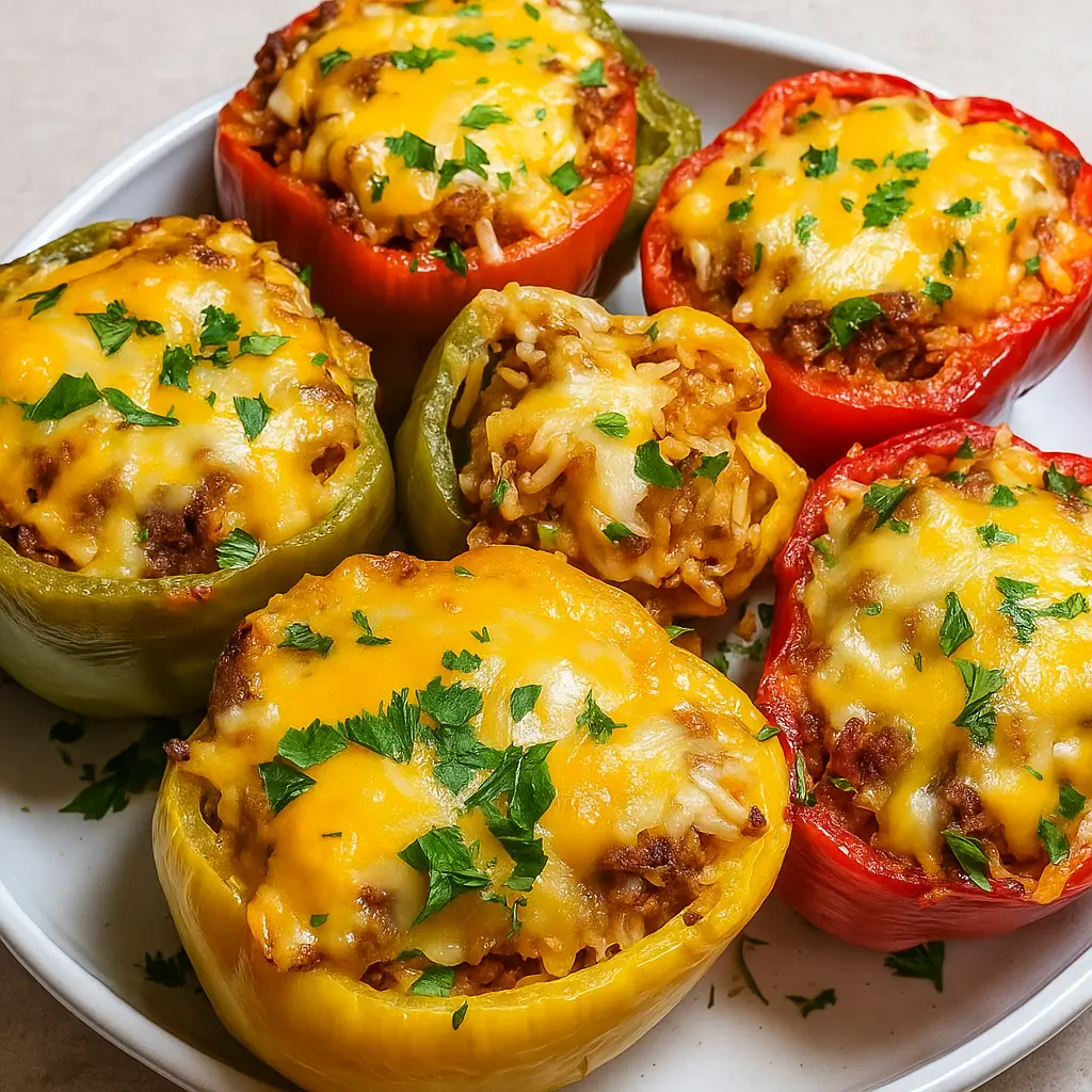 Easy Stuffed Bell Peppers baked with beef and cheese