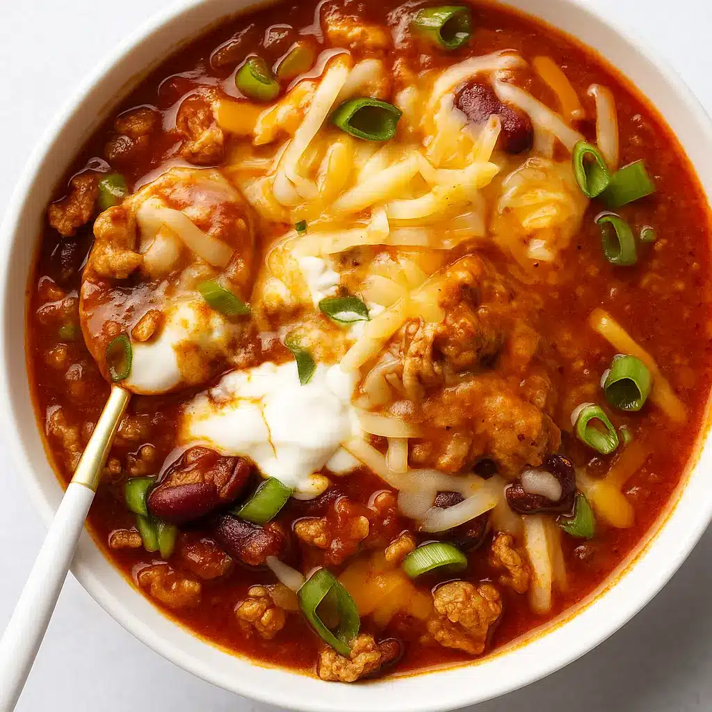 Easy Turkey Chili topped with cheese and sour cream