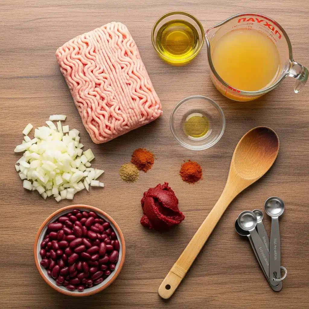 Ingredients for Easy Turkey Chili laid out on a countertop