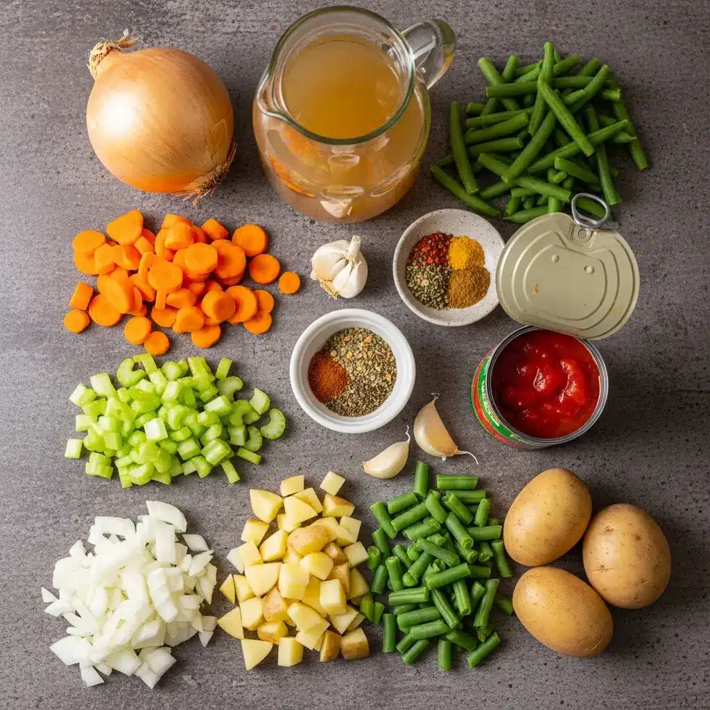 ingredients for easy vegetable soup on kitchen counter