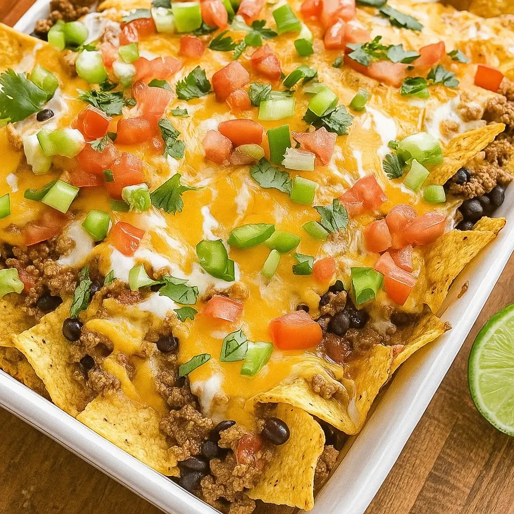 Epic Beef Nachos Supreme loaded with beef, cheese, and fresh toppings