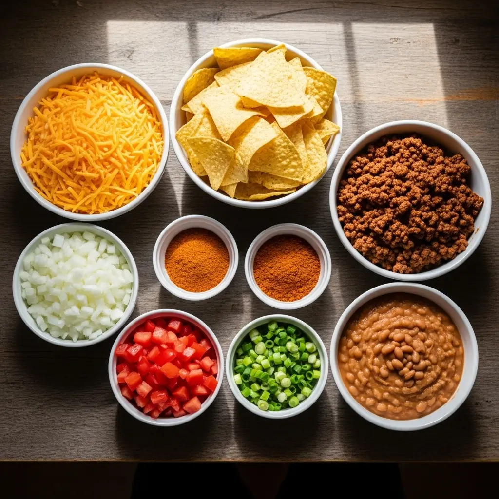 Ingredients for Epic Beef Nachos Supreme laid out on a counter