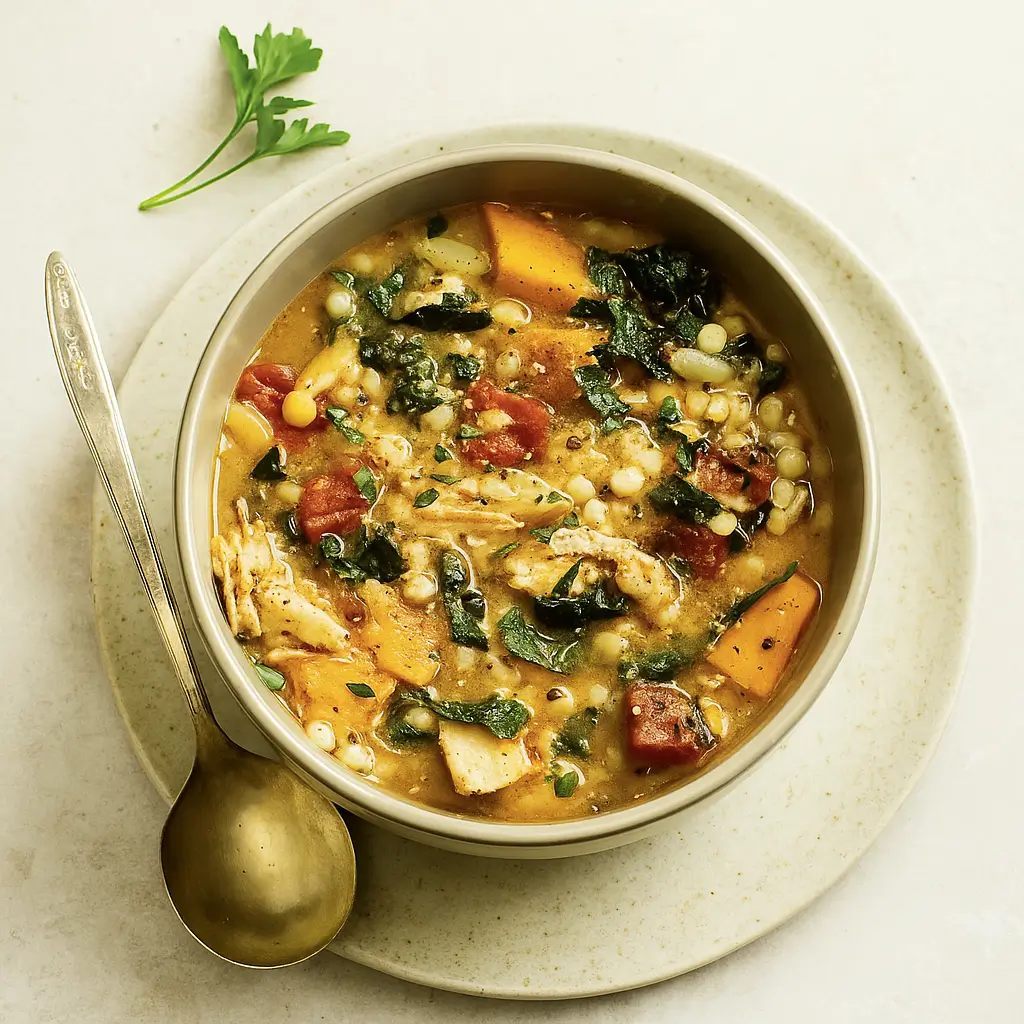 fall chicken stew with quinoa and butternut squash in a rustic bowl