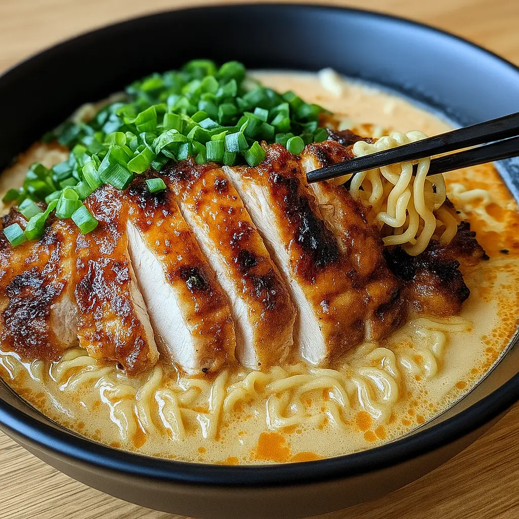 Fiery Chicken Ramen with Creamy Garlic Sauce in bowl
