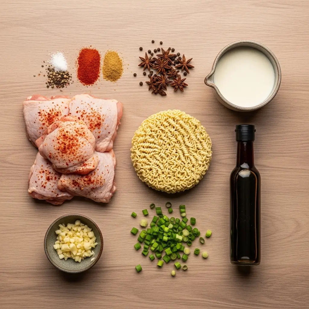 Ingredients for Fiery Chicken Ramen with Creamy Garlic Sauce