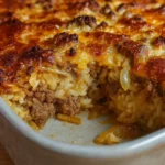 French onion ground beef and rice casserole fresh from oven