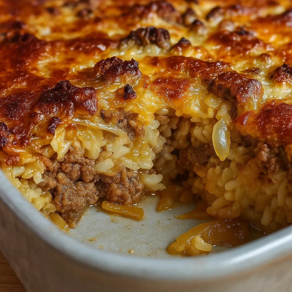 French onion ground beef and rice casserole fresh from oven