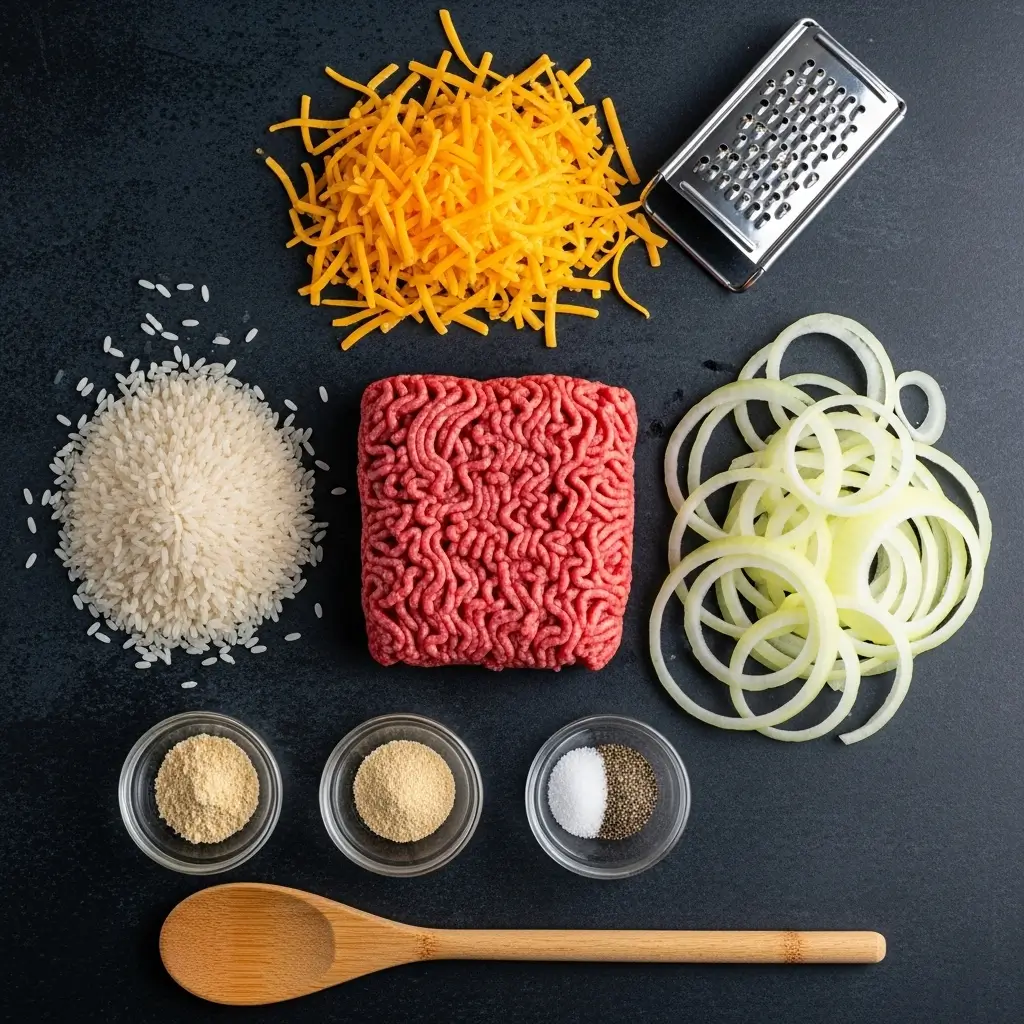 Ingredients for French onion ground beef and rice casserole