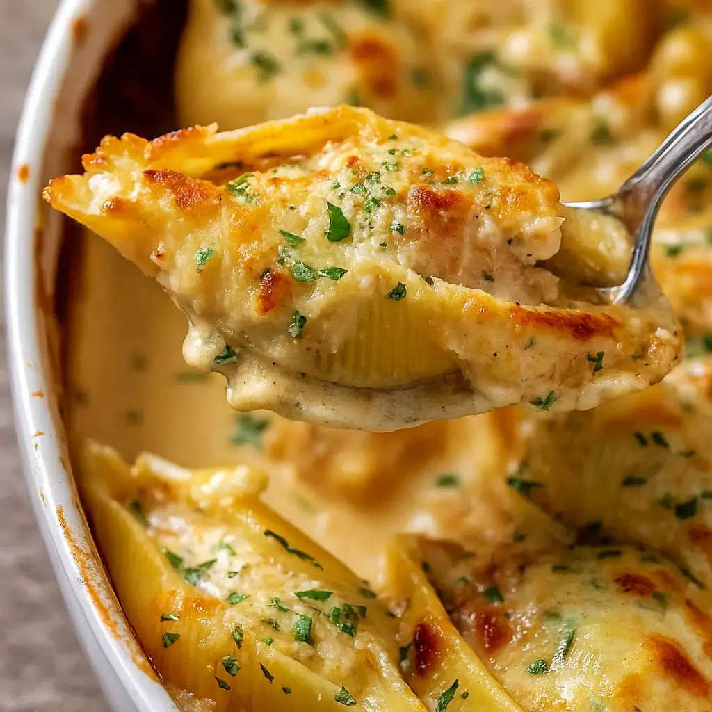 French Onion Stuffed Shells in a skillet
