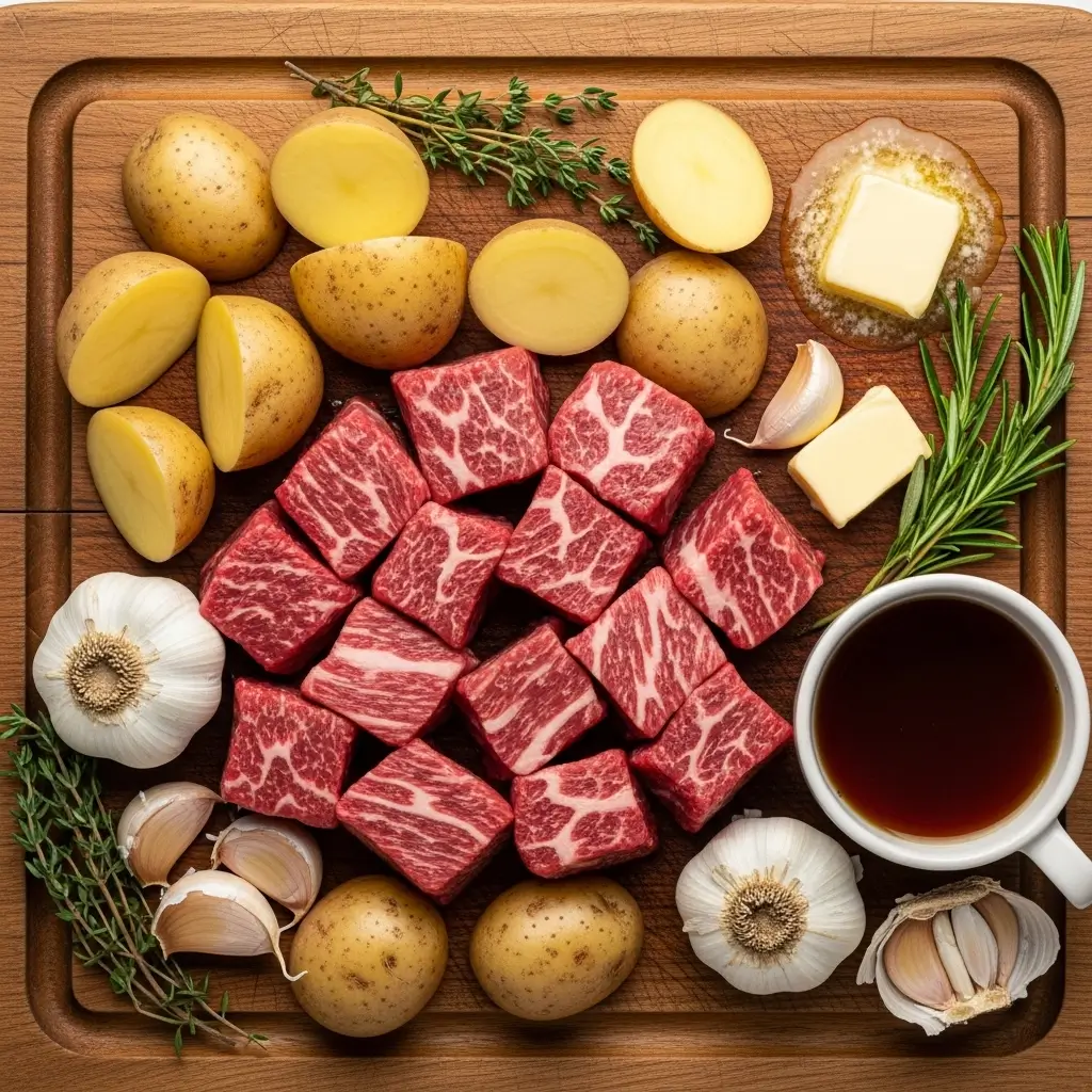 Ingredients for Slow Cooker Garlic Butter Beef Bites and Potatoes