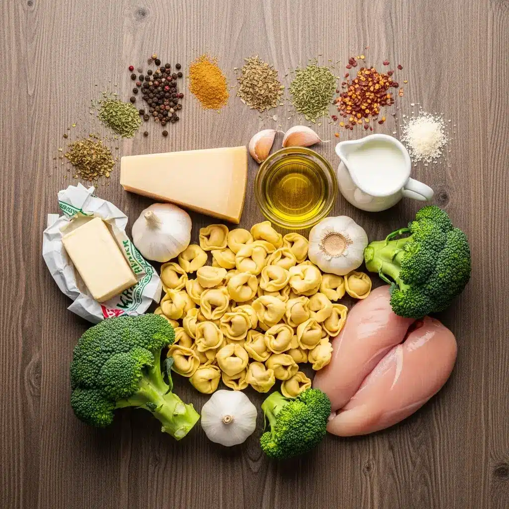 Ingredients for creamy garlic Parmesan tortellini with chicken and broccoli