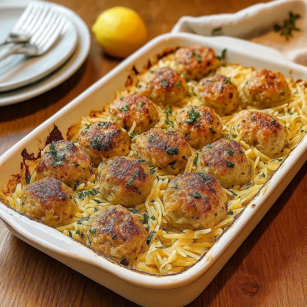 Greek Chicken Meatballs with Lemon Orzo