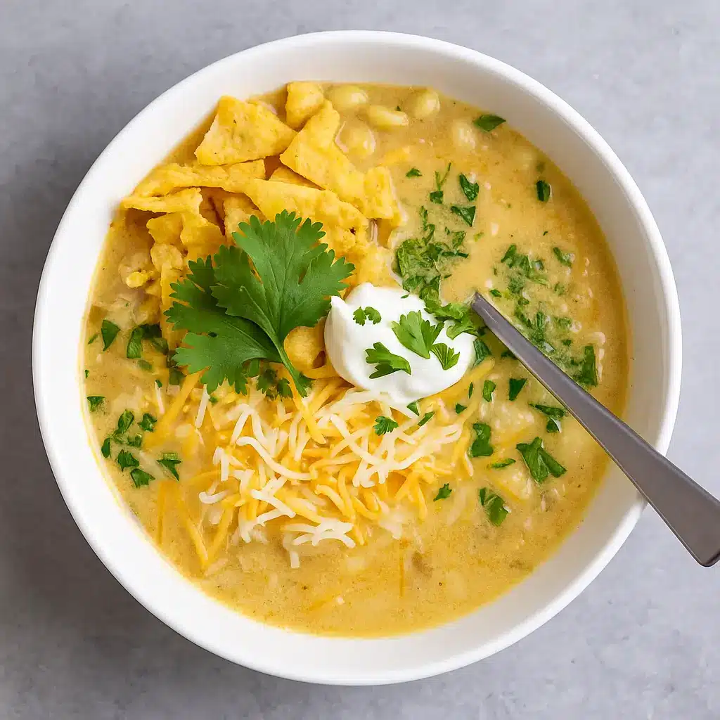 Green Chile Chicken Enchilada Soup in bowl with toppings