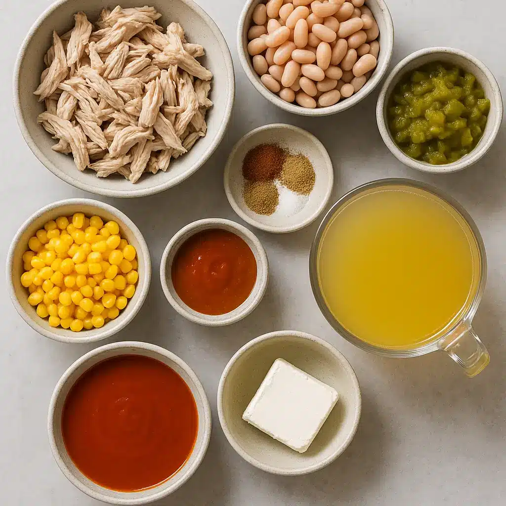 Green Chile Chicken Enchilada Soup ingredients on countertop
