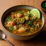 Green Chile Chicken Stew in rustic bowl with cilantro garnish