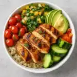 Grilled Chicken Quinoa Bowl with fresh toppings