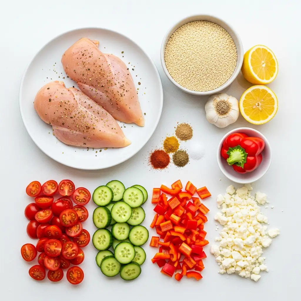 Ingredients for grilled chicken quinoa bowls