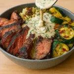 Grilled Steak Bowl with Sauce and Grilled Zucchini