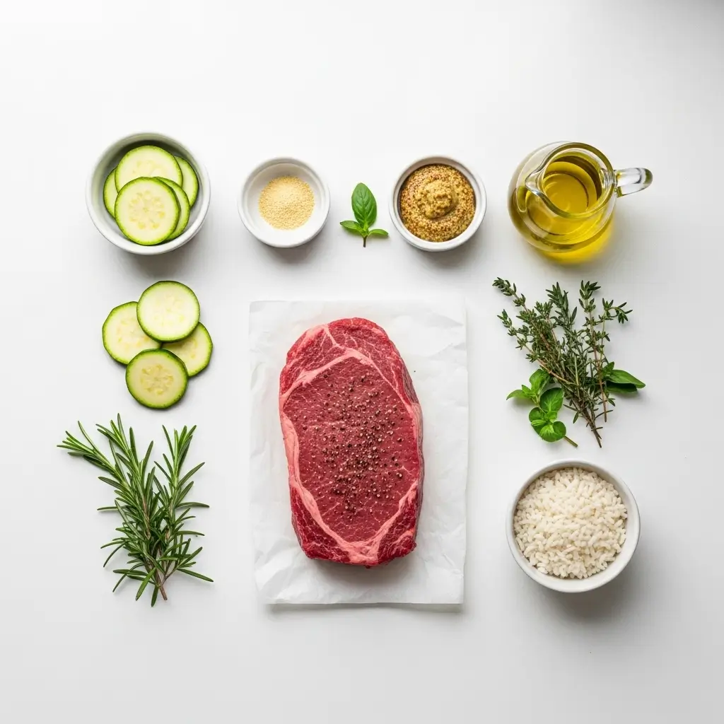 Ingredients for Grilled Steak Bowl with Sauce and Zucchini