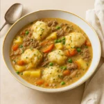 Ground Beef and Dumplings in a rustic bowl with steam