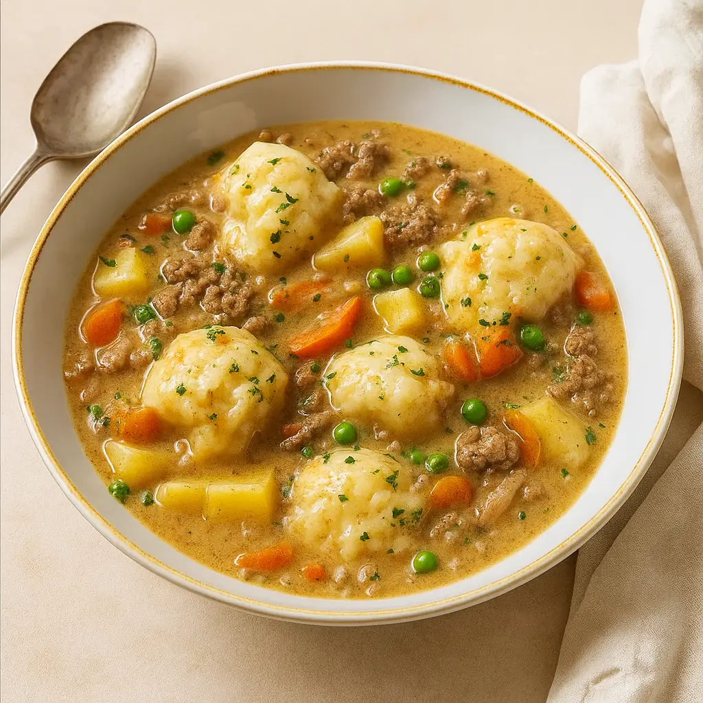 Ground Beef and Dumplings in a rustic bowl with steam