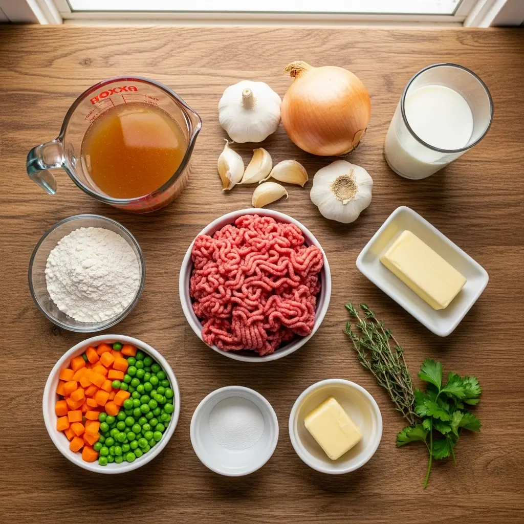 Ground Beef and Dumplings raw ingredients laid out