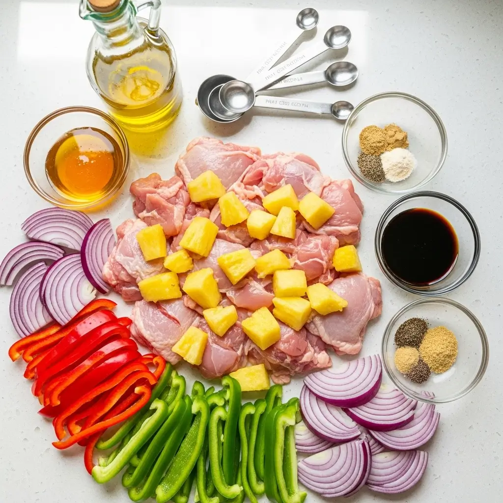 Hawaiian Chicken Sheet Pan ingredients on countertop