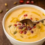 Healing Cauliflower Holiday Soup in rustic bowl with festive garnishes
