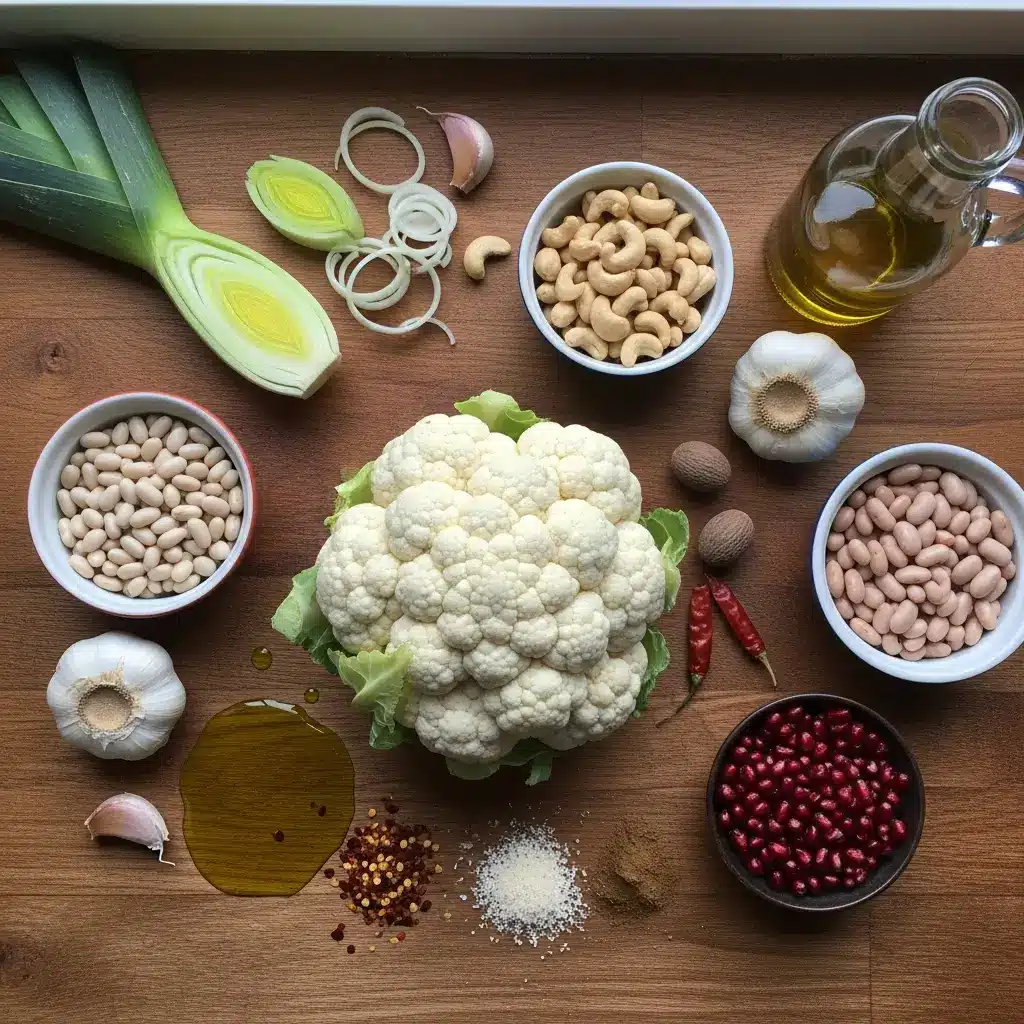 Ingredients for Healing Cauliflower Holiday Soup laid out on wooden counter